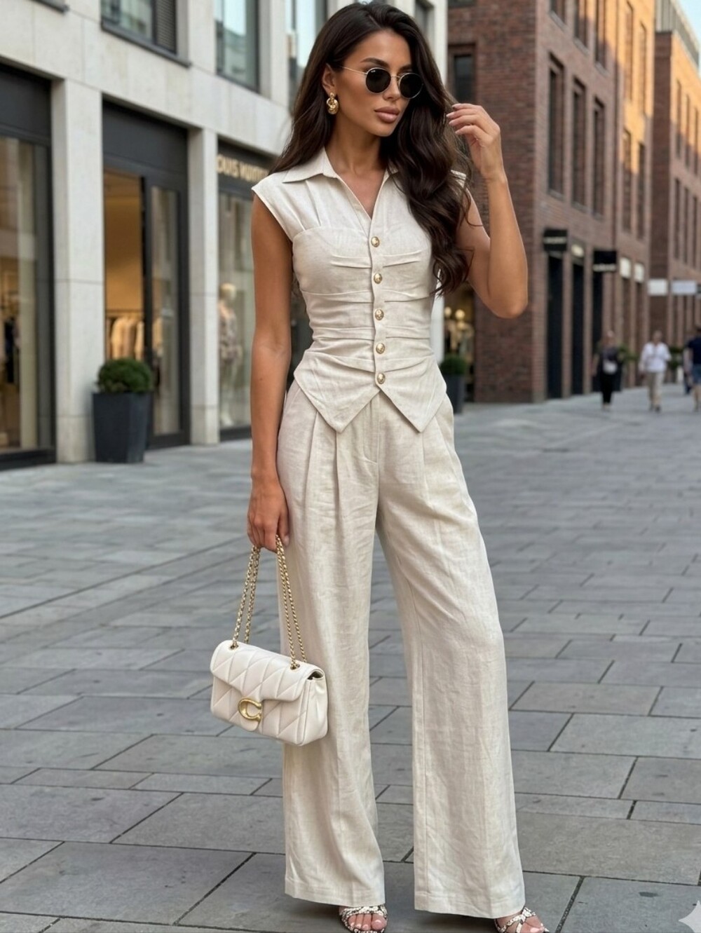 Cotton Linen Sleeveless Top & Pleated Pants Set
